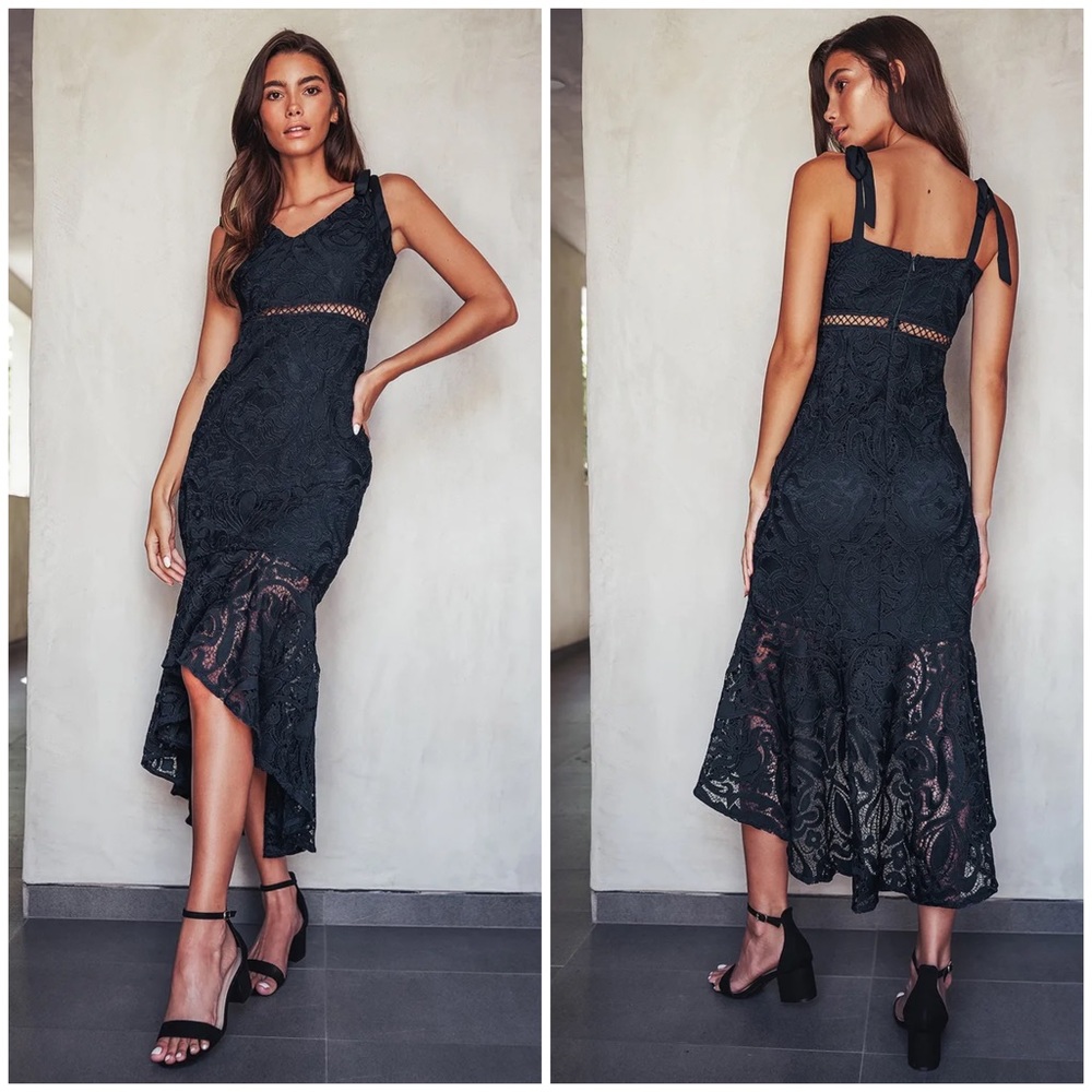 Lulu’s Won Your Heart Navy Blue Lace Tie-Strap High-Low Midi Dress M